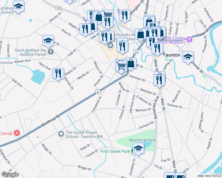 map of restaurants, bars, coffee shops, grocery stores, and more near 88 Winthrop Street in Taunton