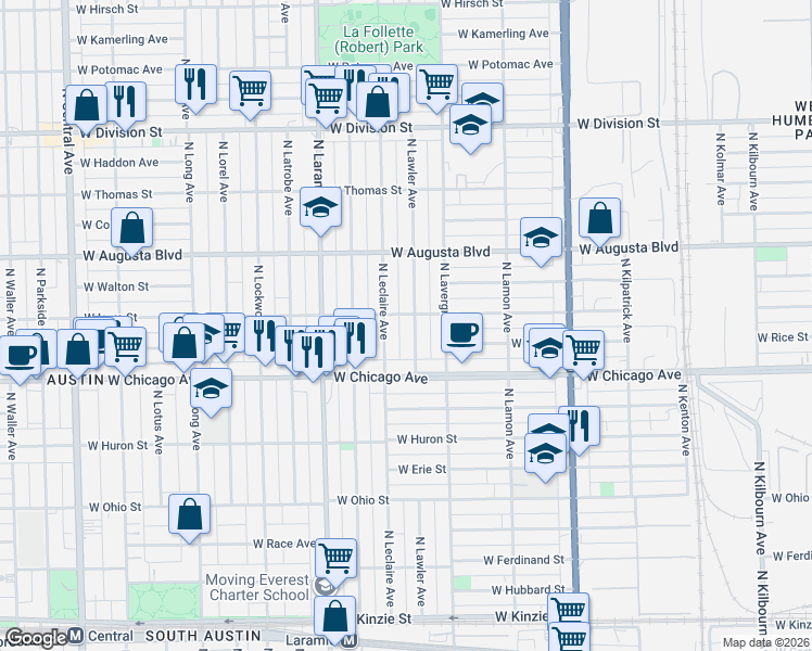 map of restaurants, bars, coffee shops, grocery stores, and more near 848 North Lawler Avenue in Chicago