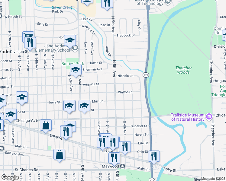 map of restaurants, bars, coffee shops, grocery stores, and more near 1002 North 5th Avenue in Maywood