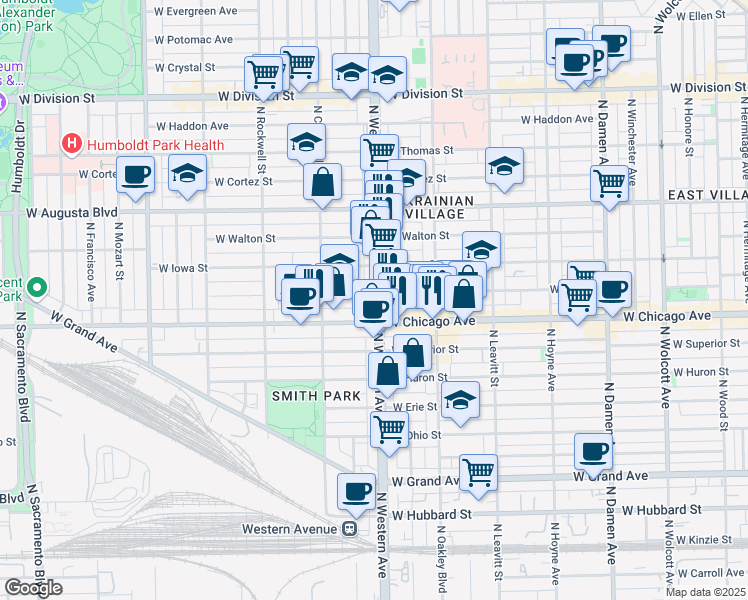 map of restaurants, bars, coffee shops, grocery stores, and more near 826 North Western Avenue in Chicago