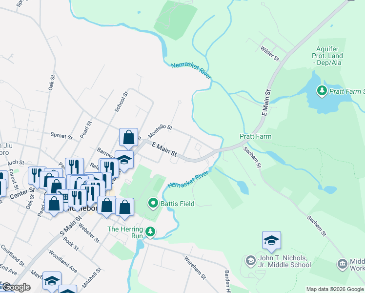 map of restaurants, bars, coffee shops, grocery stores, and more near 4 Star Avenue in Middleborough