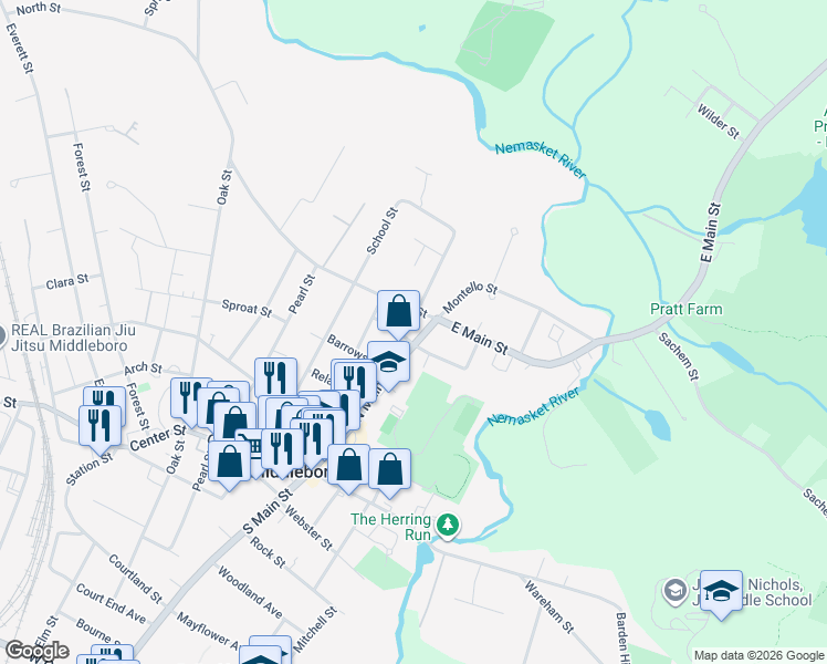 map of restaurants, bars, coffee shops, grocery stores, and more near 270 North Main Street in Middleborough