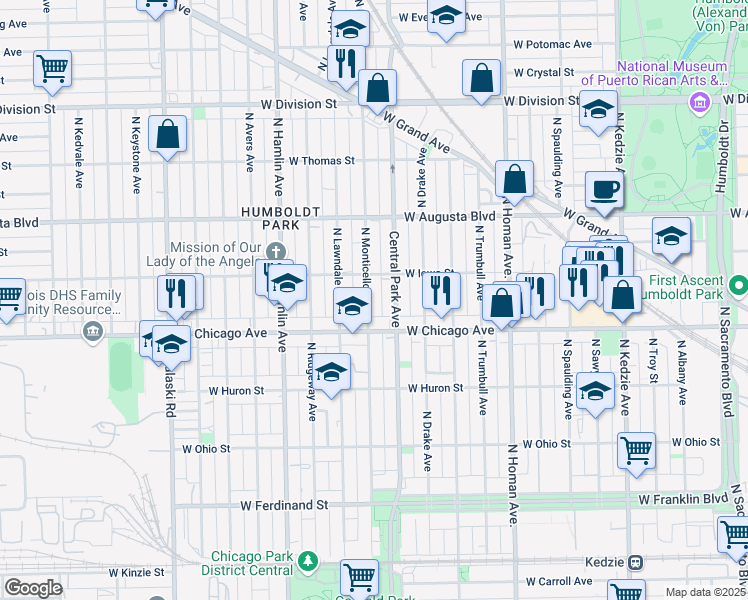 map of restaurants, bars, coffee shops, grocery stores, and more near 833 North Monticello Avenue in Chicago