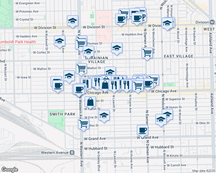map of restaurants, bars, coffee shops, grocery stores, and more near in Chicago