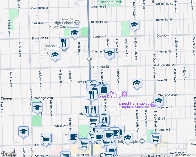 map of restaurants, bars, coffee shops, grocery stores, and more near 1114 Schneider Avenue in Oak Park