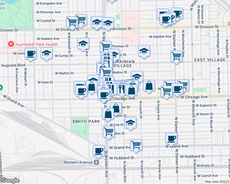 map of restaurants, bars, coffee shops, grocery stores, and more near 2327 West Rice Street in Chicago