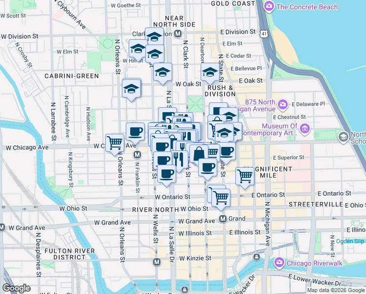 map of restaurants, bars, coffee shops, grocery stores, and more near 105 West Chicago Avenue in Chicago