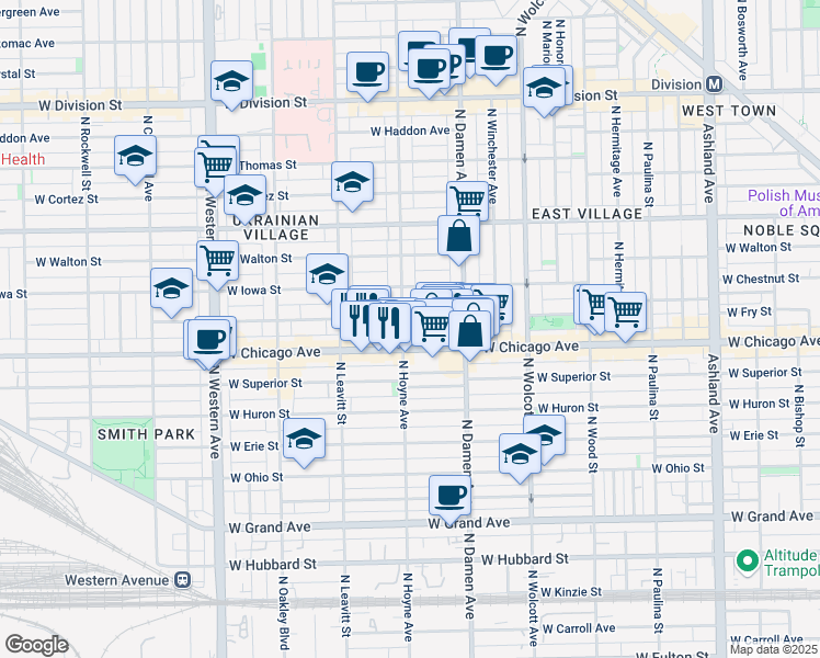 map of restaurants, bars, coffee shops, grocery stores, and more near 819 North Hoyne Avenue in Chicago