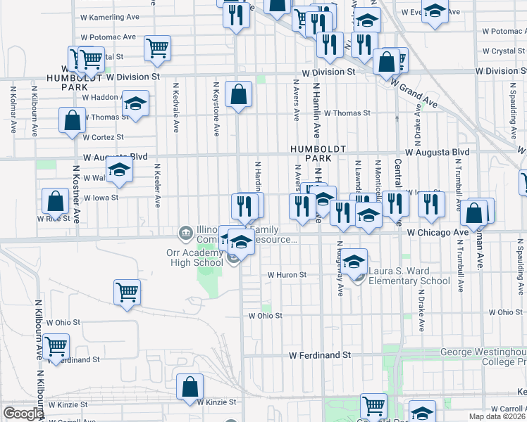 map of restaurants, bars, coffee shops, grocery stores, and more near 835 North Harding Avenue in Chicago