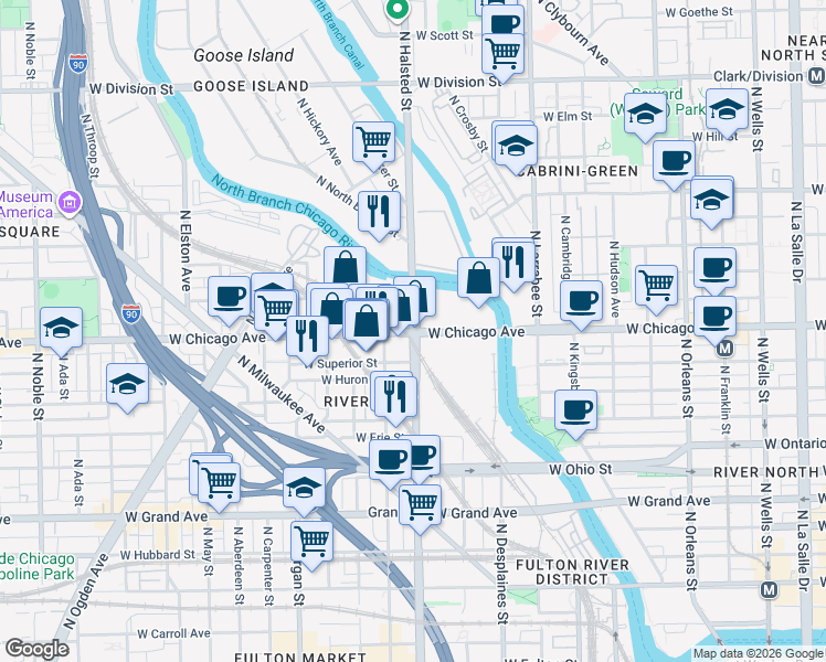 map of restaurants, bars, coffee shops, grocery stores, and more near in Chicago