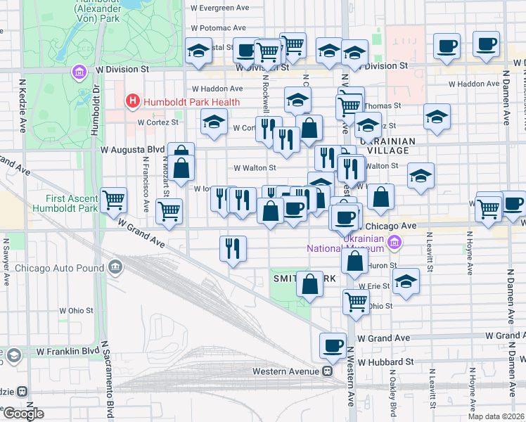 map of restaurants, bars, coffee shops, grocery stores, and more near 825 North Rockwell Street in Chicago
