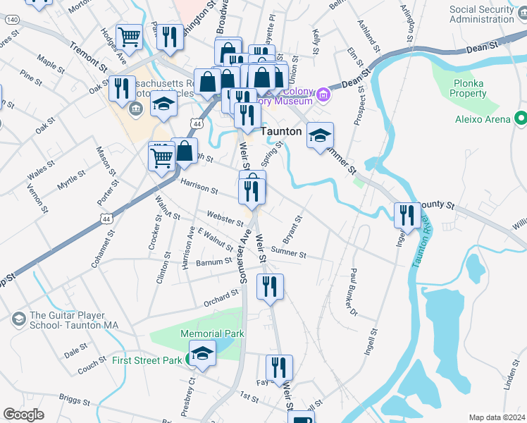 map of restaurants, bars, coffee shops, grocery stores, and more near 5 Newcomb Place in Taunton