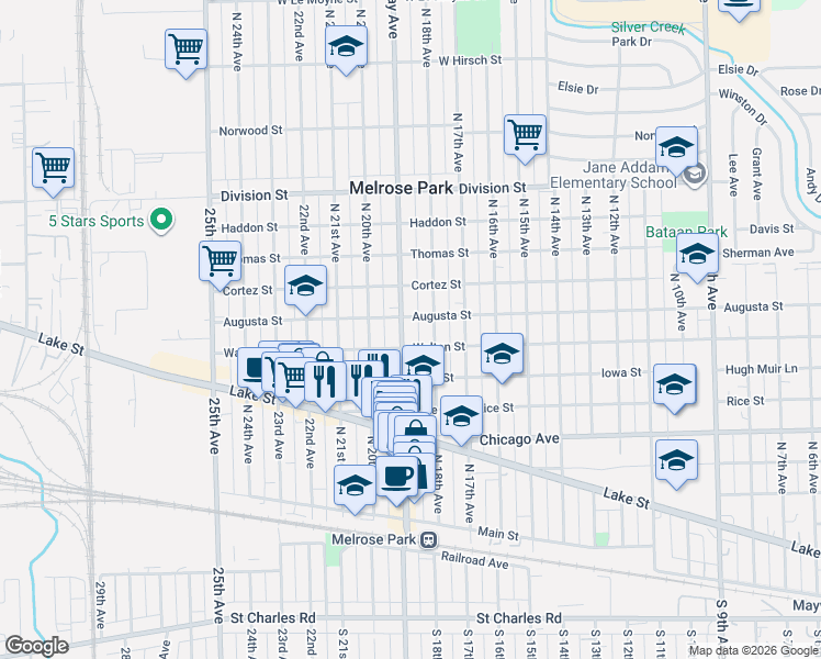 map of restaurants, bars, coffee shops, grocery stores, and more near 1011 North 19th Avenue in Melrose Park
