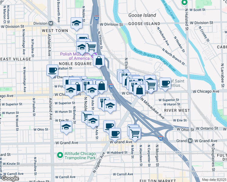 map of restaurants, bars, coffee shops, grocery stores, and more near 1234 West Chicago Avenue in Chicago