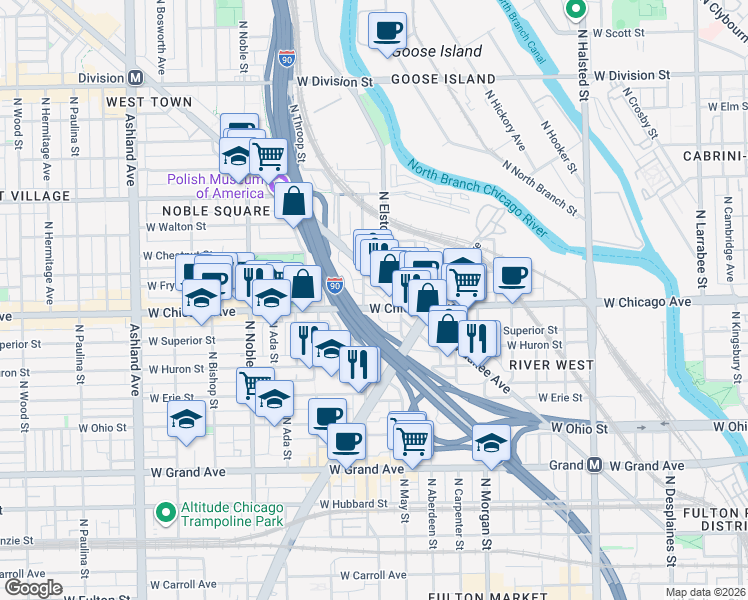 map of restaurants, bars, coffee shops, grocery stores, and more near 1148 West Chicago Avenue in Chicago