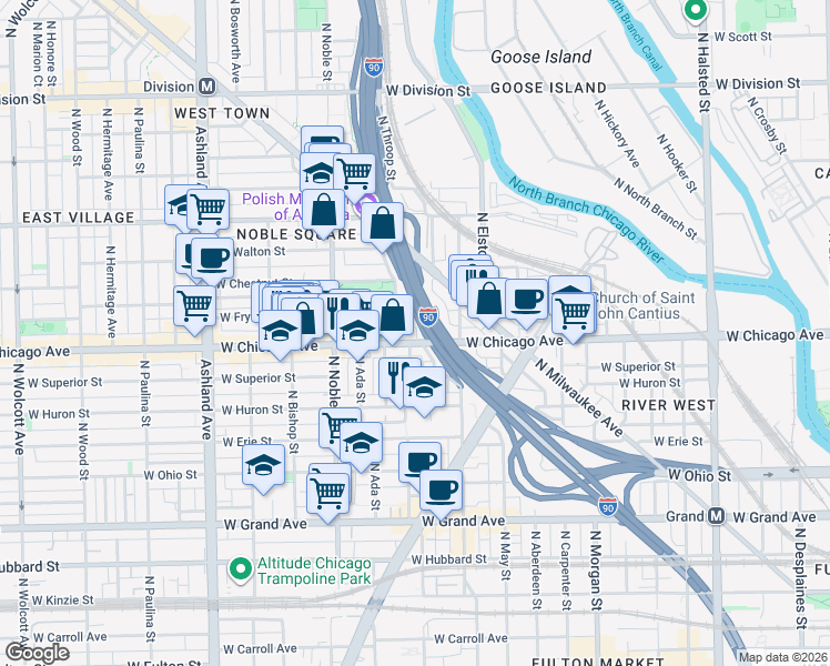 map of restaurants, bars, coffee shops, grocery stores, and more near 801 North Elizabeth Street in Chicago
