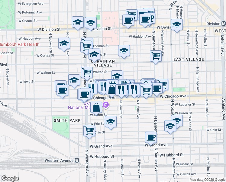 map of restaurants, bars, coffee shops, grocery stores, and more near in Chicago