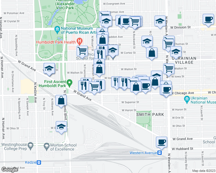 map of restaurants, bars, coffee shops, grocery stores, and more near 824 North Fairfield Avenue in Chicago