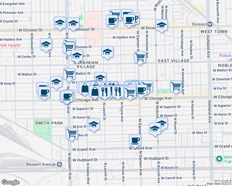 map of restaurants, bars, coffee shops, grocery stores, and more near 2139 West Rice Street in Chicago