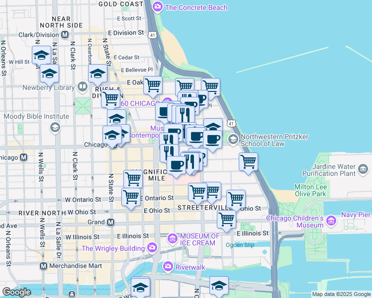 map of restaurants, bars, coffee shops, grocery stores, and more near 215 East Chicago Avenue in Chicago