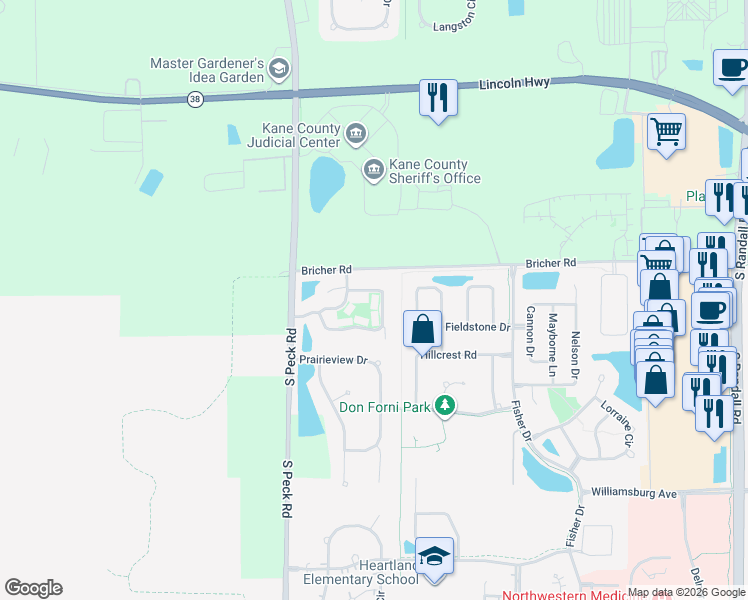 map of restaurants, bars, coffee shops, grocery stores, and more near 3715 Ridge Pointe Drive in Geneva