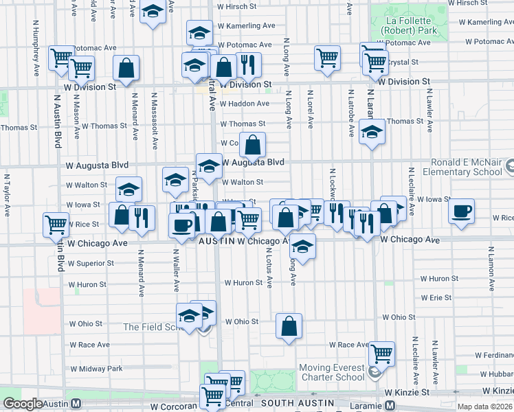map of restaurants, bars, coffee shops, grocery stores, and more near 5469 West Iowa Street in Chicago