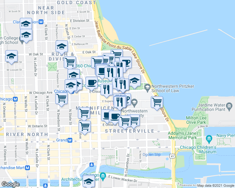 map of restaurants, bars, coffee shops, grocery stores, and more near 215 East Chicago Avenue in Chicago