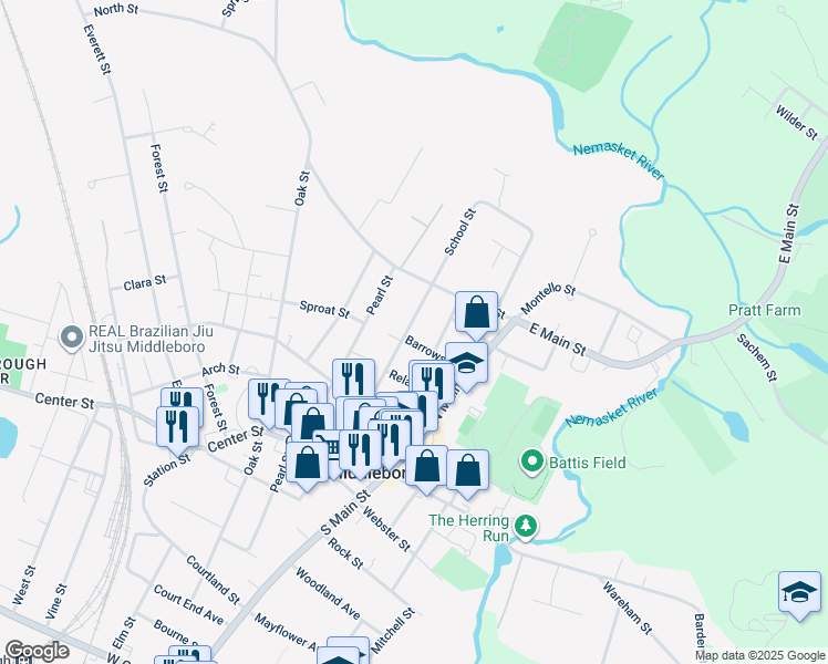 map of restaurants, bars, coffee shops, grocery stores, and more near 55 School Street in Middleborough