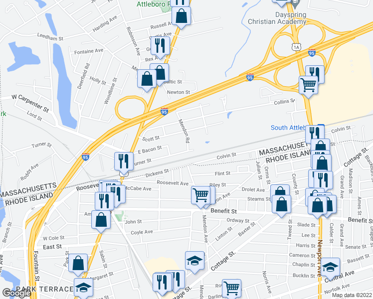 map of restaurants, bars, coffee shops, grocery stores, and more near 1 Turner Street in Attleboro