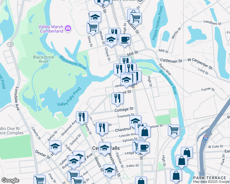 map of restaurants, bars, coffee shops, grocery stores, and more near 189 Hunt St in Central Falls