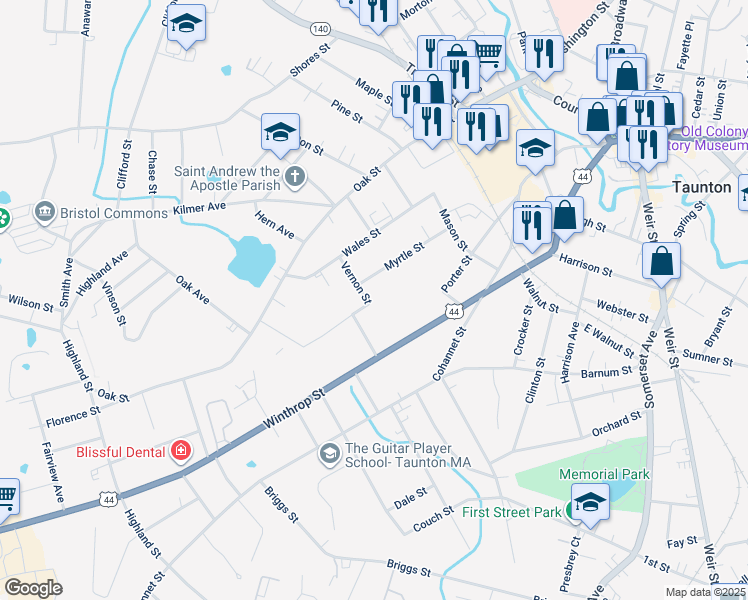 map of restaurants, bars, coffee shops, grocery stores, and more near 22 Vernon Street in Taunton