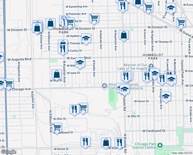 map of restaurants, bars, coffee shops, grocery stores, and more near 839 North Keeler Avenue in Chicago