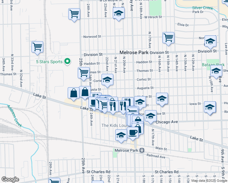 map of restaurants, bars, coffee shops, grocery stores, and more near 1014 North 21st Avenue in Melrose Park