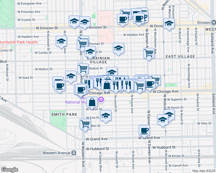 map of restaurants, bars, coffee shops, grocery stores, and more near 2225 West Rice Street in Chicago