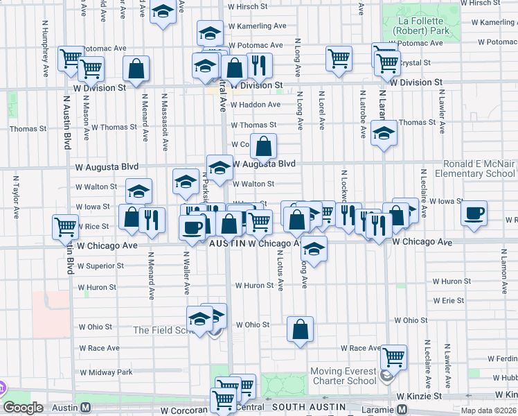 map of restaurants, bars, coffee shops, grocery stores, and more near 5469 West Iowa Street in Chicago