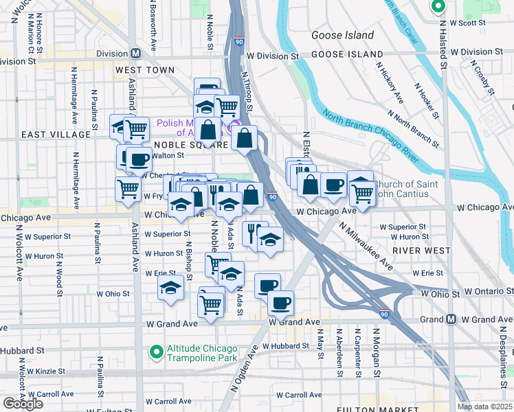 map of restaurants, bars, coffee shops, grocery stores, and more near 801 North Elizabeth Street in Chicago