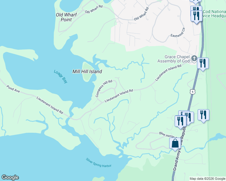 map of restaurants, bars, coffee shops, grocery stores, and more near 25 Compass Hill Road in Wellfleet