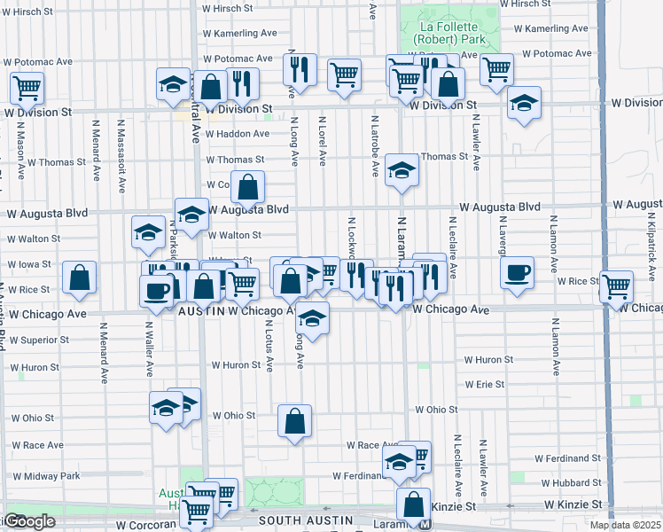 map of restaurants, bars, coffee shops, grocery stores, and more near 853 North Lorel Avenue in Chicago