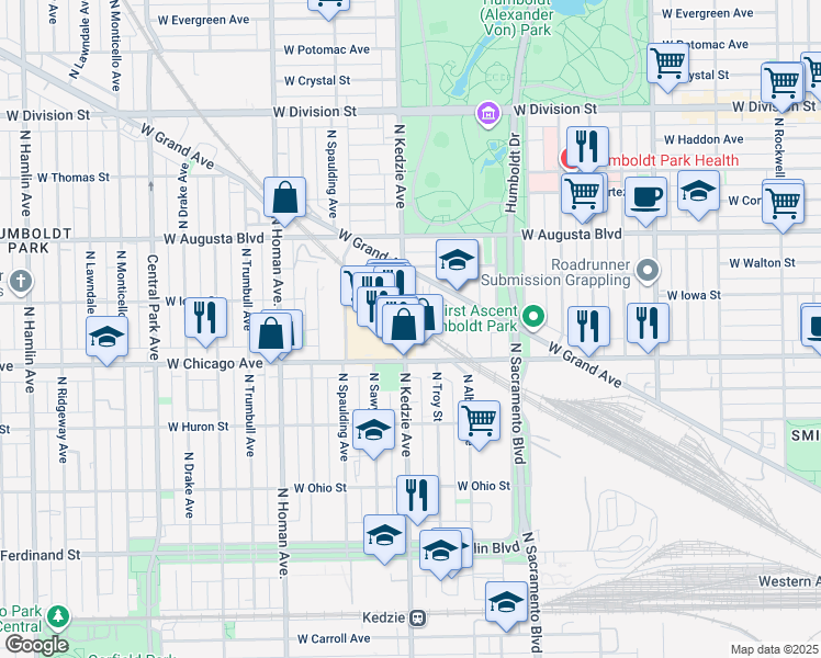 map of restaurants, bars, coffee shops, grocery stores, and more near 831 North Kedzie Avenue in Chicago