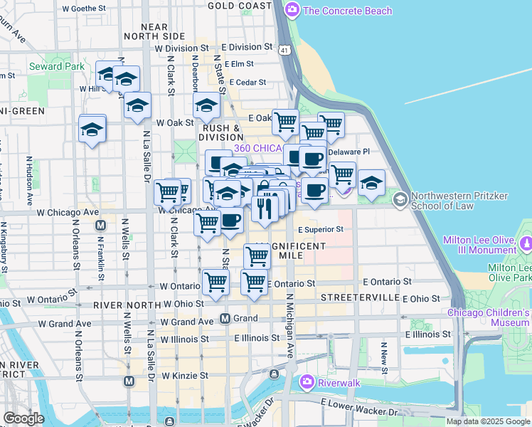 map of restaurants, bars, coffee shops, grocery stores, and more near 750 North Rush Street in Chicago