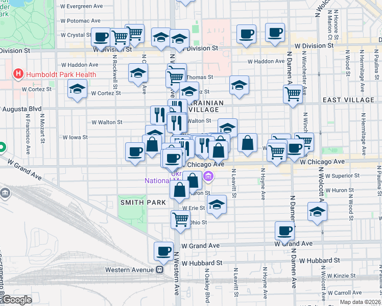 map of restaurants, bars, coffee shops, grocery stores, and more near 2327 West Rice Street in Chicago