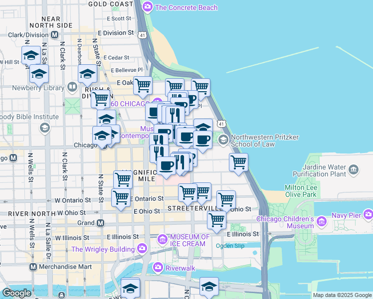 map of restaurants, bars, coffee shops, grocery stores, and more near 333 East Chicago Avenue in Chicago