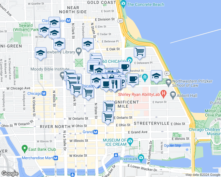 map of restaurants, bars, coffee shops, grocery stores, and more near 57 East Chicago Avenue in Chicago