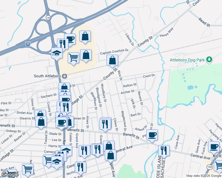 map of restaurants, bars, coffee shops, grocery stores, and more near 209 Clews Street in Pawtucket