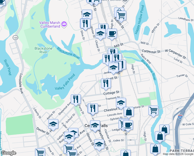 map of restaurants, bars, coffee shops, grocery stores, and more near 26 Verdun Street in Central Falls