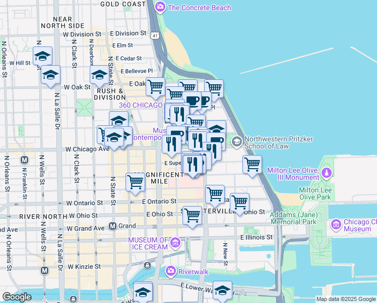 map of restaurants, bars, coffee shops, grocery stores, and more near 245 East Chicago Avenue in Chicago