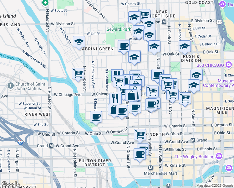 map of restaurants, bars, coffee shops, grocery stores, and more near 410-412 West Chicago Avenue in Chicago
