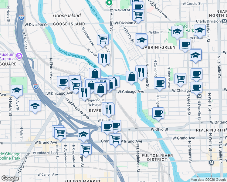 map of restaurants, bars, coffee shops, grocery stores, and more near in Chicago