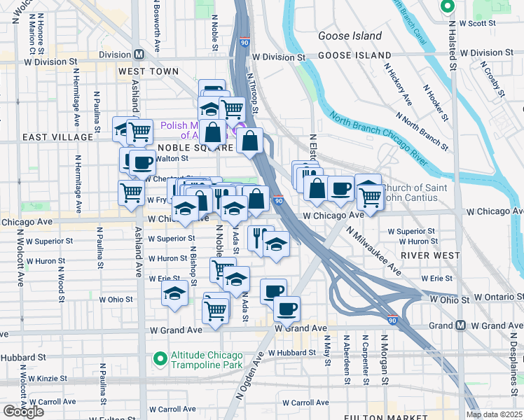 map of restaurants, bars, coffee shops, grocery stores, and more near 801 North Elizabeth Street in Chicago