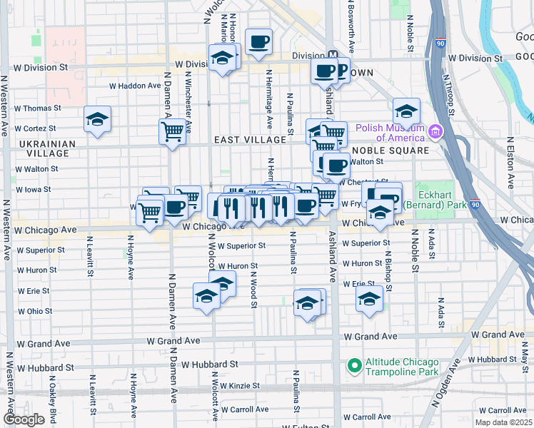 map of restaurants, bars, coffee shops, grocery stores, and more near 817 North Wood Street in Chicago
